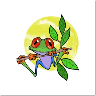 Moon Over My Froggy Cute Frog On A Branch Posters and Art